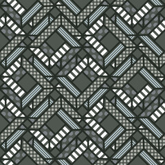 Geometric intertwined shapes green seamless pattern. Abstract tileable background