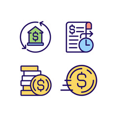 Business banking services pixel perfect RGB color icons set. Mortgage payment. Standing order. Send money. Isolated vector illustrations. Simple filled line drawings collection. Editable stroke