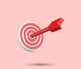 Target, Success goal 3d icon. Dart arrow hit the center of target. Business finance target, goal of success, achievement concept. 3d vector icon. Cartoon minimal style. 3D Rendered Illustration.