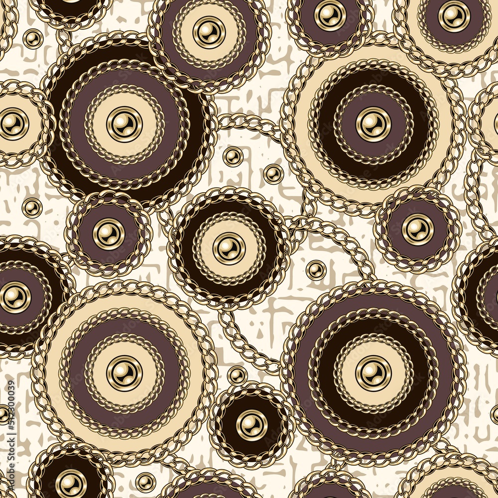 Poster seamless pattern with circles with gold chains, beads. chaotic geometric pattern on beige textured b