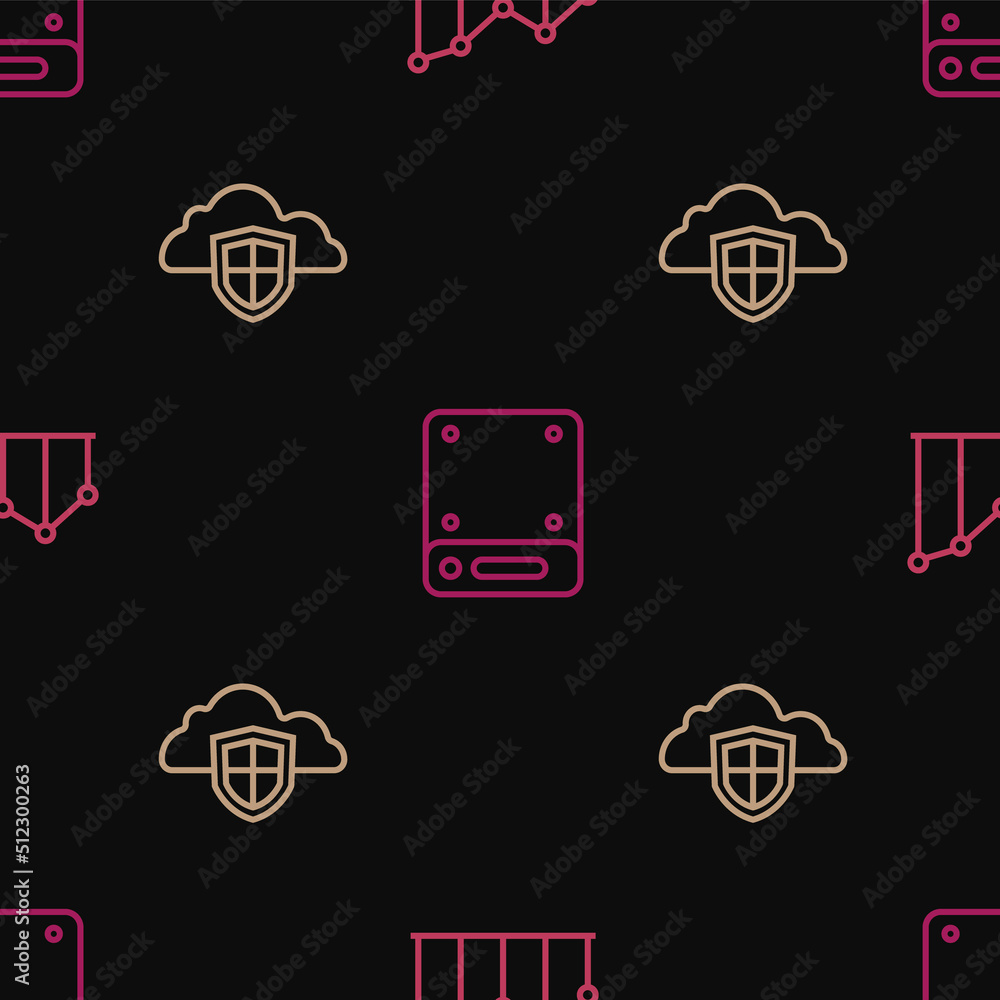Poster set line pie chart infographic, cloud and shield and server on seamless pattern. vector