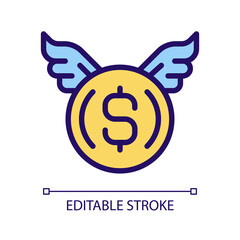 Donating money pixel perfect RGB color icon. Spending cash. Charitable organization. Charity donation. Isolated vector illustration. Simple filled line drawing. Editable stroke. Arial font used