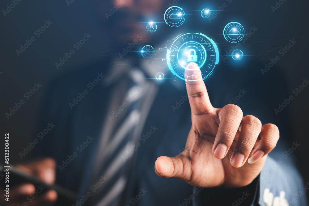 Poster cybersecurity concept business man shows how to protect cyber technology network from attack by hack