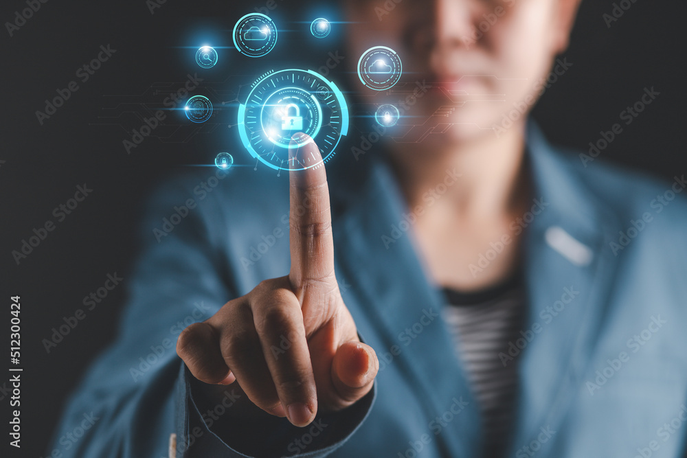 Poster cybersecurity concept business man shows how to protect cyber technology network from attack by hack