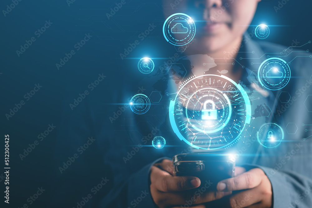 Poster cybersecurity concept business man shows how to protect cyber technology network from attack by hack
