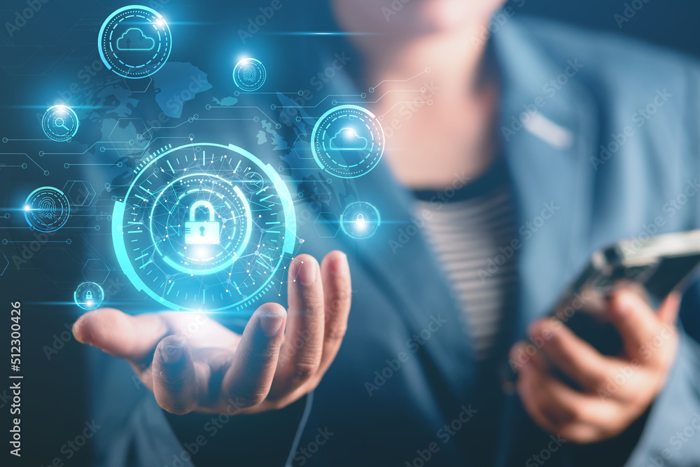 Poster cybersecurity concept business man shows how to protect cyber technology network from attack by hack