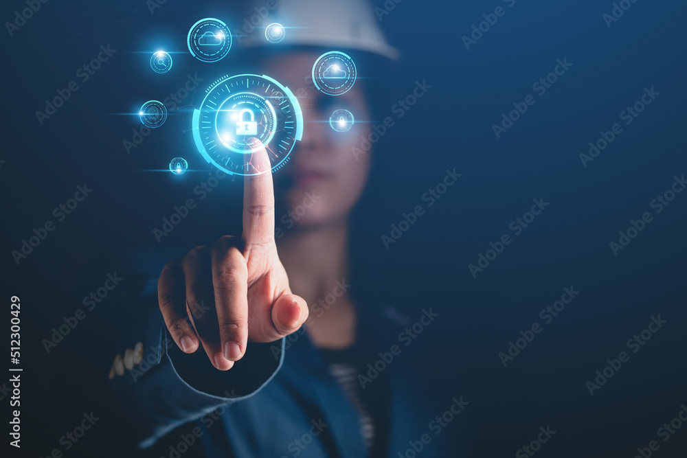 Poster cybersecurity concept business man shows how to protect cyber technology network from attack by hack