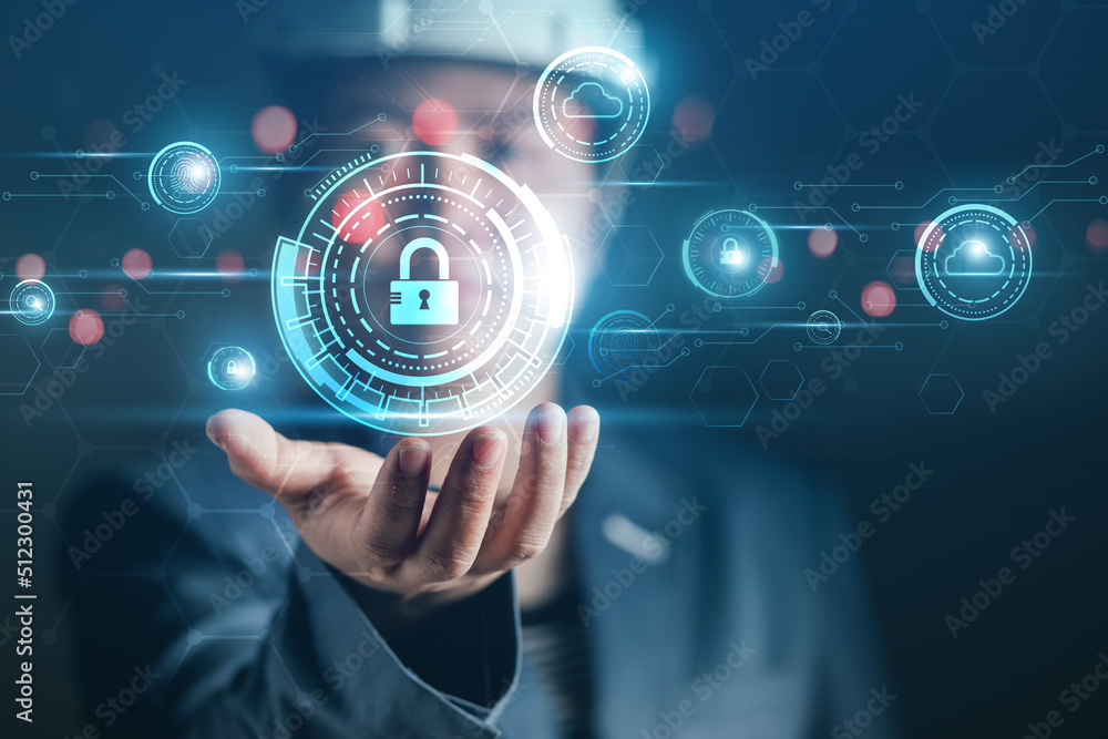 Poster cybersecurity concept business man shows how to protect cyber technology network from attack by hack