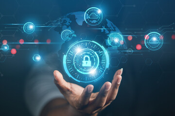 cybersecurity concept Business man shows how to protect cyber technology network from attack by hackers on the internet. Secure access to privacy through smartphones Meta protection.
