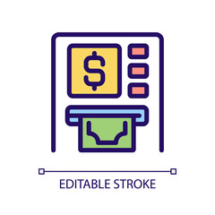 ATM pixel perfect RGB color icon. Automated teller machine. Withdrawing cash. Financial transactions. Isolated vector illustration. Simple filled line drawing. Editable stroke. Arial font used