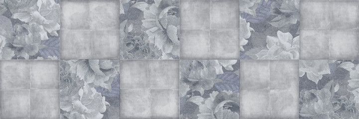 Fototapety  flowers and cement texture tiles pattern, vintage background
