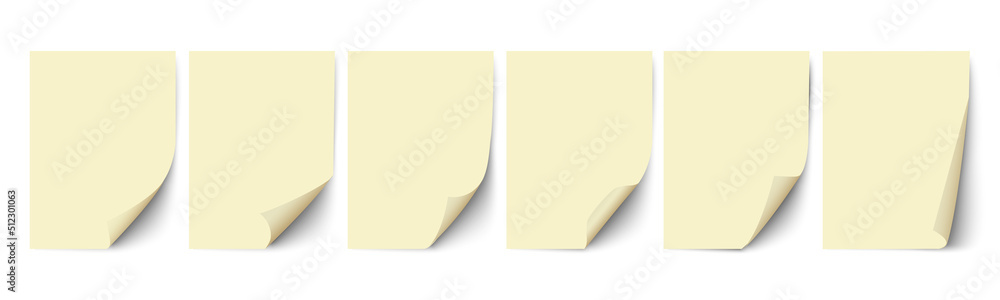 Aufkleber empty paper sheets, yellow sheets of paper with different curled corners and shadow