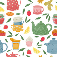 Decorative tea time seamless pattern with teapot and cup