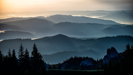Sunrise in the Rarau mountains, Eastern Carpathians, Romania. - obrazy, fototapety, plakaty