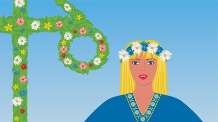 Beautiful Scandinavian, Swedish (Sweden) woman. Dressed in traditional midsummer clothing and flower wreath. Maypole, or in Sweden called midsommarstång in the background. Vector illustration. 16:9.