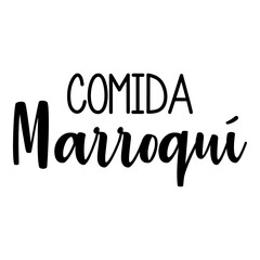 Banner con texto manuscrito Comida Marroquí en español. Logo restaurante. Vector en color negro