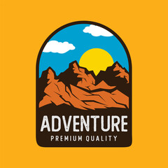 rock mountain sun logo adventure expedition vector symbol icon design illustration Stock