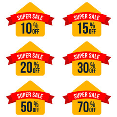 Obraz premium red yellow color super sale different percent discount sticker discount price tag set. up to 10,15,20,30,50,70,percent off sale and discount offer banner vector 