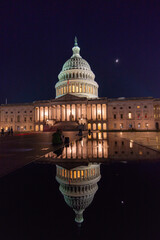 US Capitol Dome and Half Moon Reflected on Water Feature in the Square