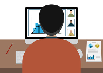 teleconference concept. men with team online meeting through computor. pen and document on  table. vector illustration isolate background. teleconference, meeting, document,computor.  