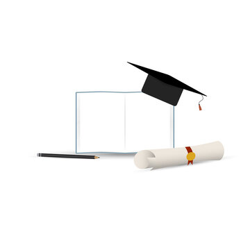 education concept.
graduation cap on open book. pencil with diploma beside a book. vector illustration isolate on white background. education, graduation cap, open book, diploma, pencil.