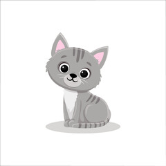 Gray cartoon kitten sits on a white background. Cute cat with smile in cartoon style. Vector illustration  for postcard, banner, web, design, arts