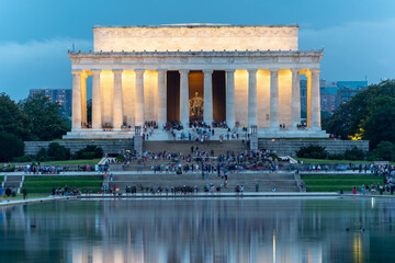 Early Evening View of the Lincoln Memorial Building With Tourist walking and sitting around it