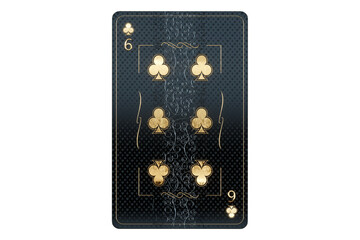 Casino concept, clubs 6 playing cards, black and gold design on white background. Gambling, luxury style, poker, blackjack, baccarat. 3D rendering, 3D illustration.