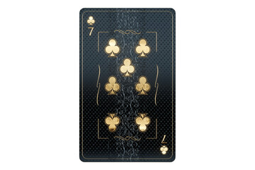 Casino concept, clubs 7 playing cards, black and gold design on white background. Gambling, luxury style, poker, blackjack, baccarat. 3D rendering, 3D illustration.
