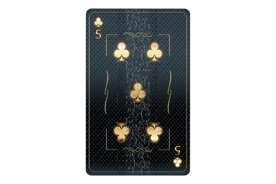 Casino concept, clubs 5 playing cards, black and gold design on white background. Gambling, luxury style, poker, blackjack, baccarat. 3D rendering, 3D illustration.