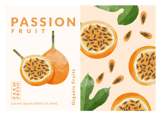 Passion fruit, Sweet granadilla packaging design templates, watercolour style vector illustration.