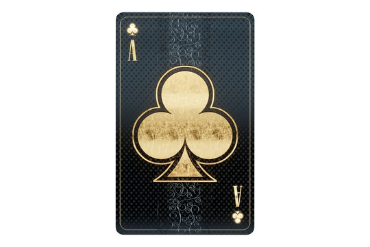 Casino concept, clubs ace playing card, black and gold design isolated on white background. Gambling, luxury style, poker, blackjack, baccarat. 3D render, 3D illustration.
