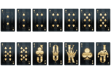 Casino concept, Set of clubs playing cards, black and gold design isolated on white background. Gambling, luxury style, poker, blackjack, baccarat. 3D render, 3D illustration. - obrazy, fototapety, plakaty