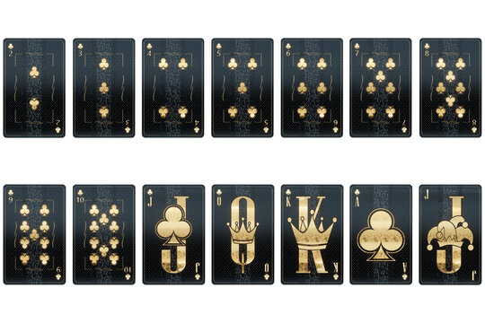 Casino concept, Set of clubs playing cards, black and gold design isolated on white background. Gambling, luxury style, poker, blackjack, baccarat. 3D render, 3D illustration.