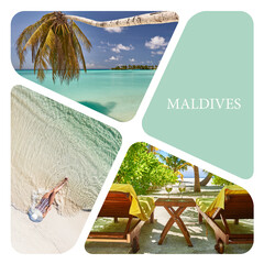Travel photo collage concept.  Tropical beach. Maldives. Travel and tourism to luxury resorts in the Maldives island