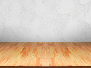 empty brown wooden floor white cement background