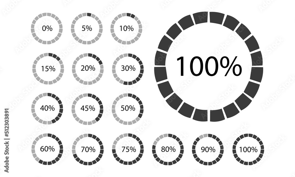 Poster circle of percentage charts with countdown numbers set for infographics. black thin outline graphics