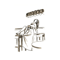 Hand drawn Pencil sketch of a girl in a long dress with a glass of wine sitting on a bar stool in a sexy pose. Woman without a face sitting at the bar. Mockup for dress design, isolated on a white
