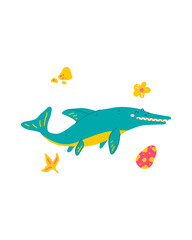 Cute dinosaur baby print. Ichthyosaurus in flat hand drawn style. Design for the design of postcards, posters, invitations and textiles