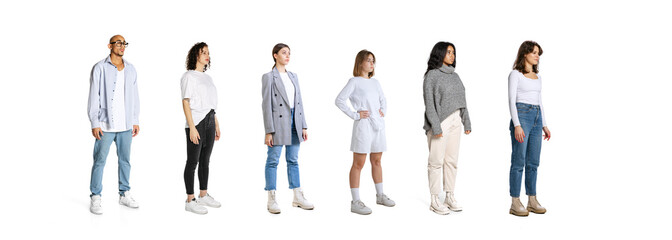 Six young people, man and women standing isolated over white background, Horizontal flyer, banner. Models in casual style clothes