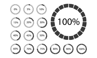 Circle of percentage charts with countdown numbers set for infographics. Black thin outline graphics isolated on white background. The circle is divided into percent EPS10
