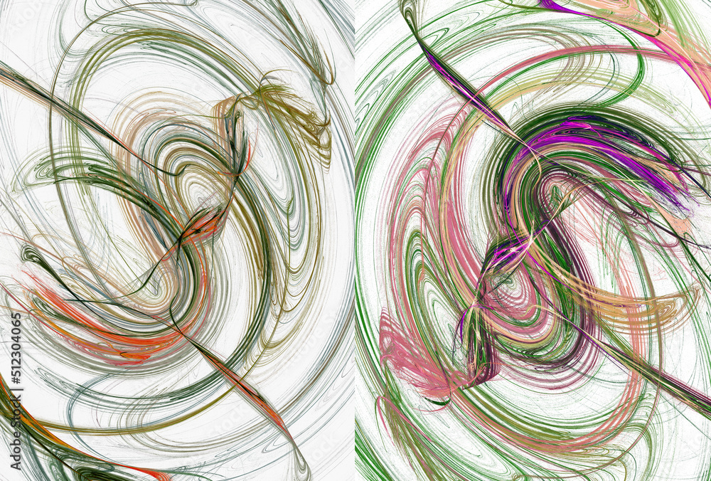 Poster circular swirls of multicolored lines on a white background. two abstract fractal backgrounds in one
