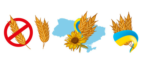 Set of Ears of Wheat emblems, some decorated With Ukrainian Flag. Some in a Sign of Forbidden. 