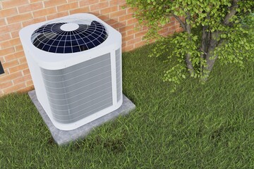 outdoor air conditioning unit in the backyard of a brick house 3d