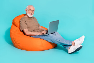Portrait of handsome trendy cheery skilled grey-haired man sitting in bag using laptop isolated...