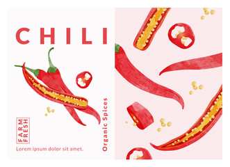 Chili pepper packaging design templates, watercolour style vector illustration.