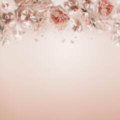 Lovely floral background frame with pastel pink peony flowers and flying petals. Floral backdrop. Front view with copy space.