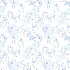 One line face seamless pattern. Abstract woman and man faces. White background