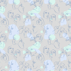 One line face seamless pattern. Abstract woman and man faces. Grey background