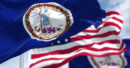 The Virginia state flag waving along with the national flag of the United States of America